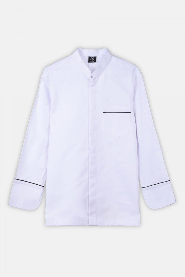 White Chef Jacket with Full Sleeve Contrast Piping Poly Cotton Twill Weave 220 GSM